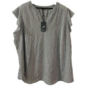 Adrianna Papell NWT Blouse 3X Blue White Striped Flutter Short Sleeve Career